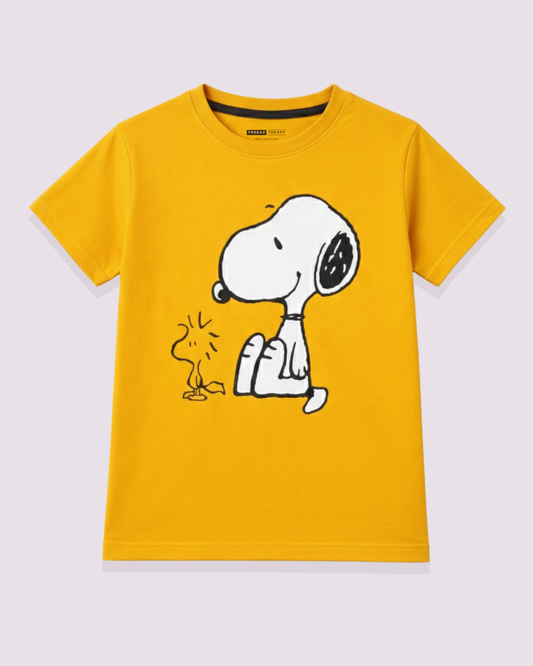 Boys bright yellow short sleeve tee with Snoopy character design.
