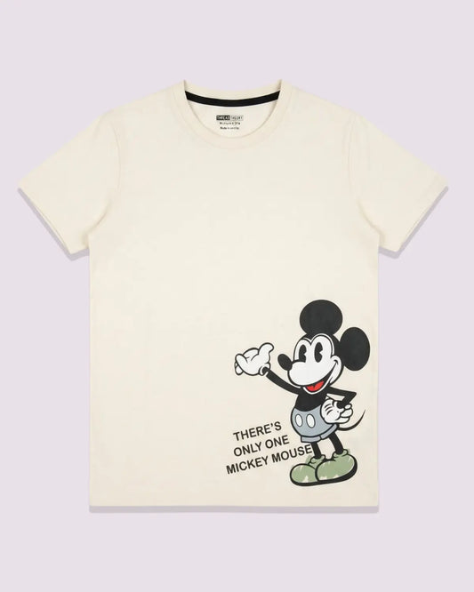 Kids cream t-shirt featuring classic Mickey Mouse graphic print on front.