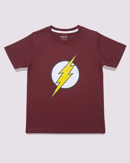 Maroon t-shirt with a yellow lightning bolt logo on a light gray background