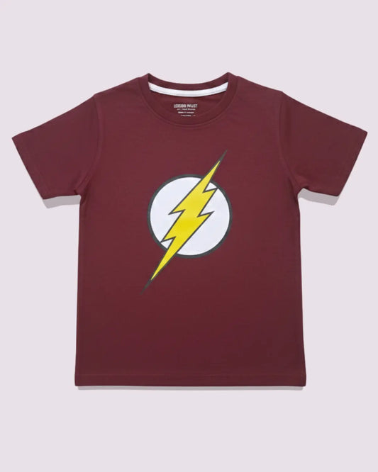 Maroon t-shirt with a yellow lightning bolt logo on a light gray background