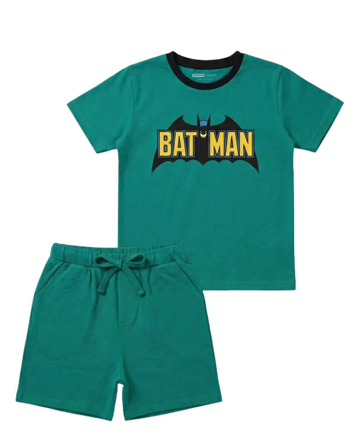 Kids green Batman printed t-shirt with matching shorts summer outfit for boys