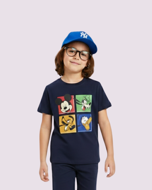 Front design of boys navy Mickey Mouse character T-shirt