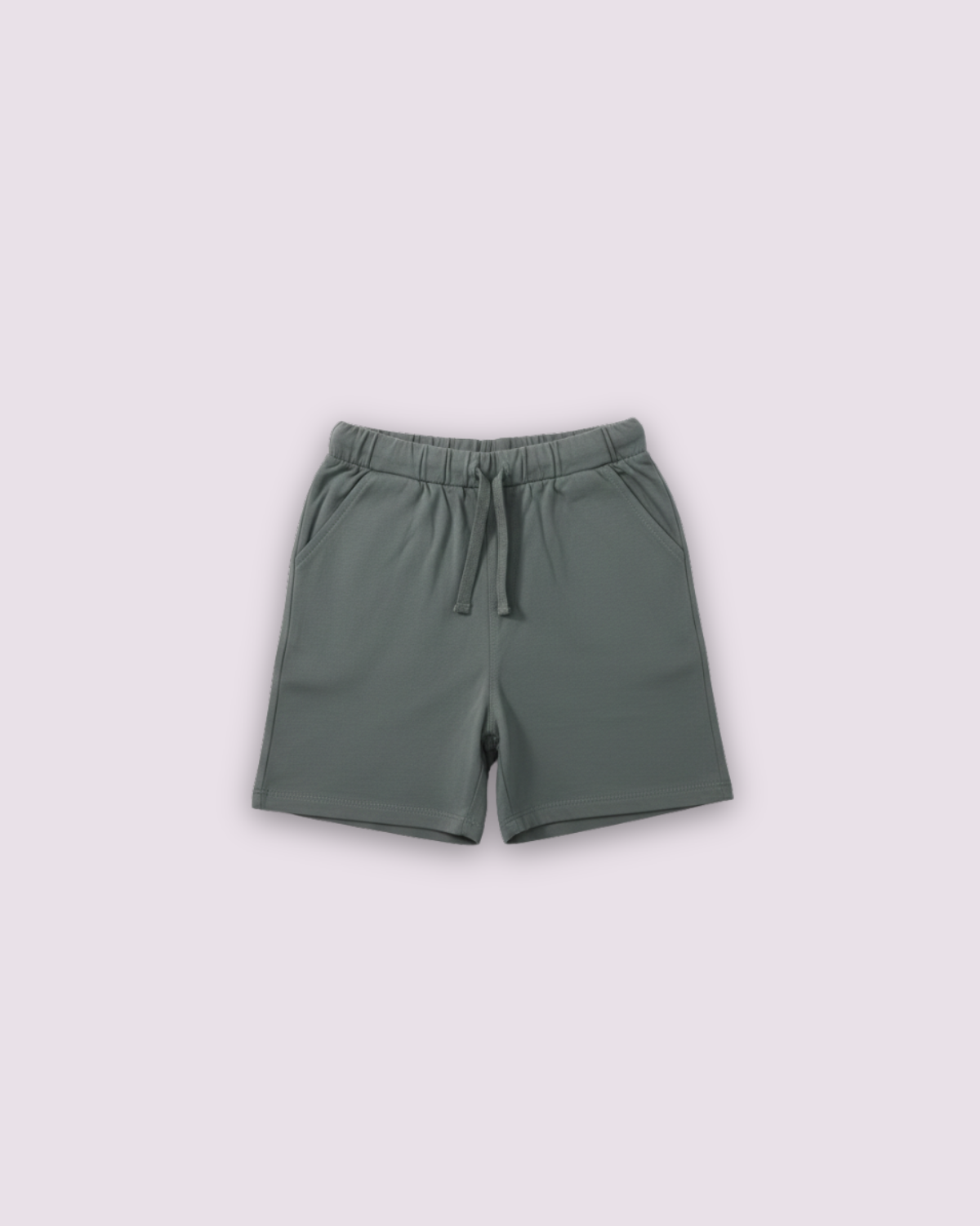 Soft olive green kids jersey cotton shorts with elastic waistband and drawstring detail