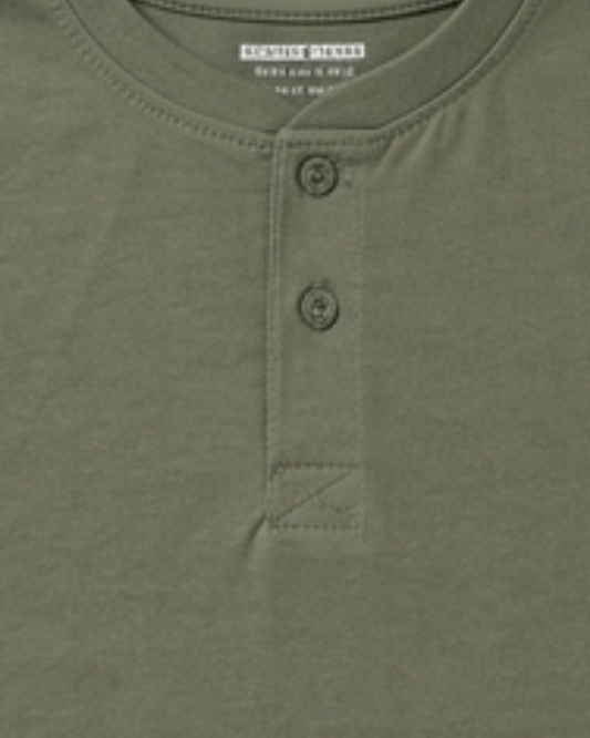 Close-up of a green henley shirt with button details, featuring the brand 'Goodthreads'.