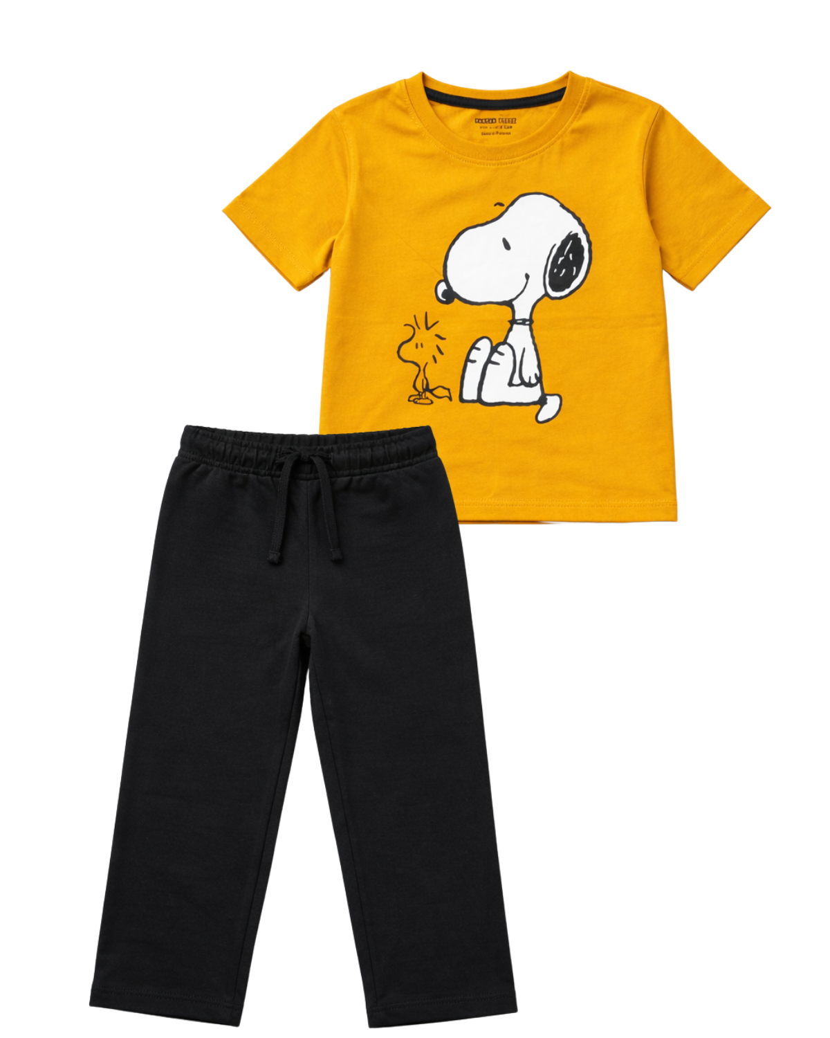 Yellow t-shirt with a cartoon character and black pants on a white background