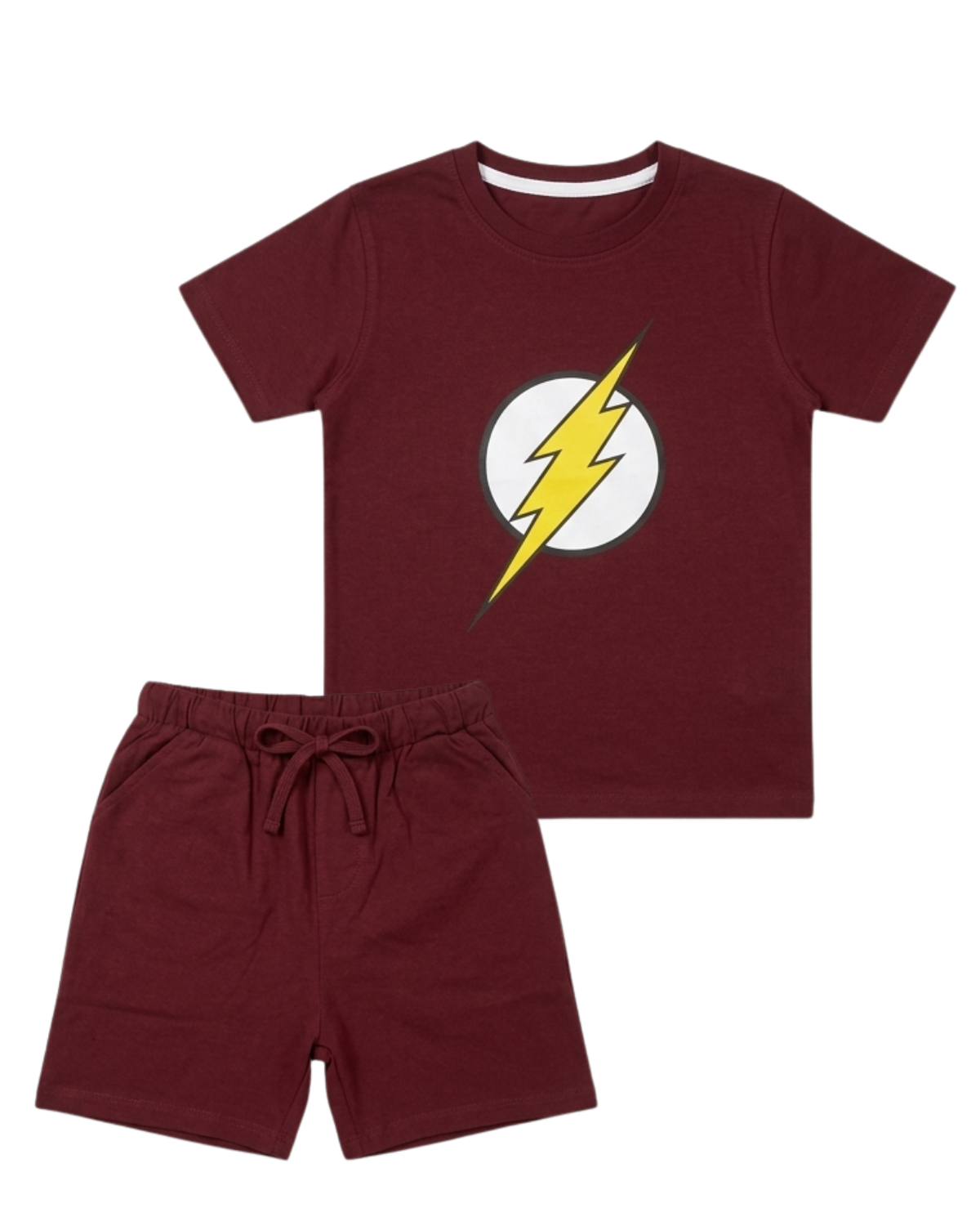 Maroon t-shirt with a yellow lightning bolt logo and matching shorts on a white background