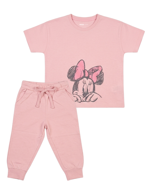 Pink children's outfit with a graphic of a character on a white background