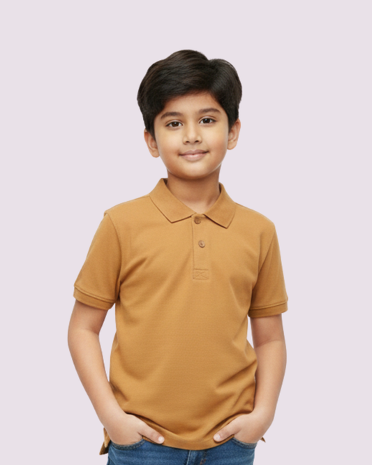 Kids mustard polo t-shirt front view with classic collar and soft cotton fabric.