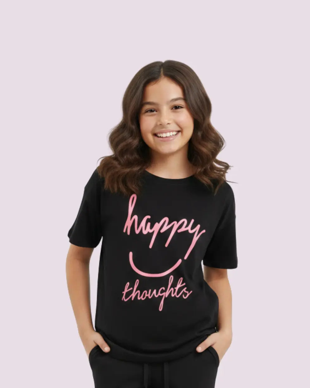 Trendy black shirt with glowing pink happy thoughts lettering