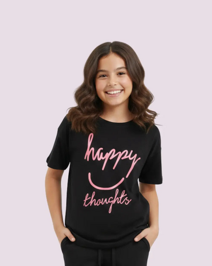 Trendy black shirt with glowing pink happy thoughts lettering