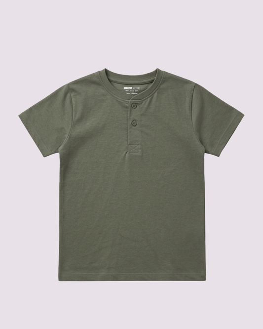 Boys Premium Cotton Henley T-Shirt – Soft Olive Green Everyday Tee (BTS-04)